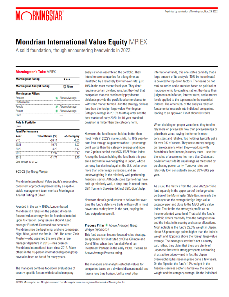 Mondrian International Value Equity MPIEX A solid foundation, though encountering headwinds in 2022.